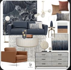 a living room filled with furniture and decor in shades of blue, brown and white