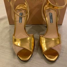 heels Gorgeous gold and blush open toe heels,ankle buckle to close the look..wear with jeans or a dress!Worn only once!Hood condition Prada Shoes Heels Prada Shoes Heels, Open Toe Heels, Prada Shoes, A Dress, Wearing Dress, Open Toe, Prada, Shoes Heels, Blush