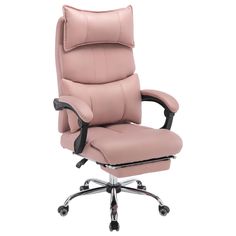 a pink leather office chair with chrome base and arm rests on an isolated white background