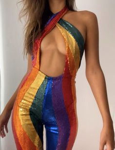 Rainbow Jumpsuit, Jumpsuit Ideas, Jumpsuit Sequin, Cher Costume, Rainbow Costumes, Disco Jumpsuit, Disco Fashion, Womens Jumpsuits, Burning Man Outfits