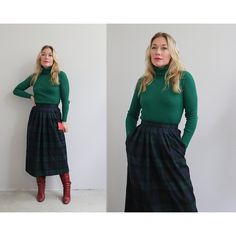 "Classic 1980's Tartan plaid skirt in women's size xs. High, fixed waistband with full pleating at the waist. Zipper and button close at the back with pockets at the waist. Fully lined. Fabric is a pure wool in a beautiful plaid of navy, green and black. In mint vintage condition with no flaws to note. Brand: Lands' End // Made in Scotland Size: Labeled an 8 Petite; Would best fit a modern xs. FOR REFERENCE: I am 5'3\" and usually wear a size 2/4 and this was a good fit.  Size is just an estimat Green Tartan Skirt, Tartan Skirt Outfit, Mint Skirt, Style Evolution, Tartan Skirt, Navy Green, Plaid Skirt, Blue Skirt, Plaid Skirts