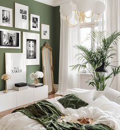 a bedroom with green walls and pictures on the wall above the bed, as well as a plant