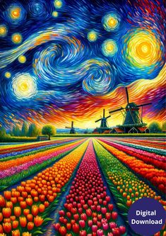 a painting of tulips and windmills with the sky painted in bright colors