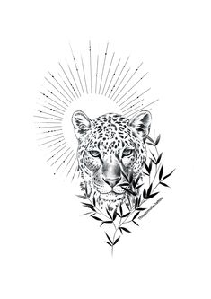 a black and white drawing of a leopard with sunbursts on it's head