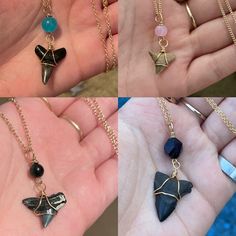 four pictures of different types of jewelry being held by someone's hand and holding them in their palm