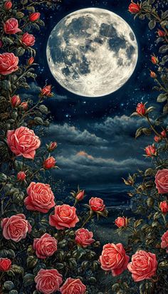 a painting of roses in front of a full moon