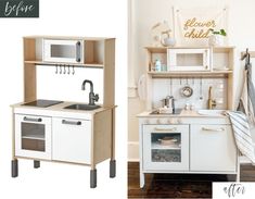 two pictures of a toy kitchen and sink