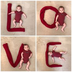 four pictures of a baby laying on the floor in front of a love sign made out of red fabric