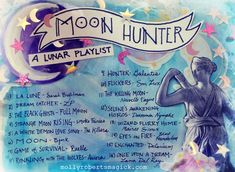 a drawing of a woman holding a microphone in front of a sign that says moon hunter