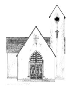 a drawing of a church with a cross on the front door and steeple above it