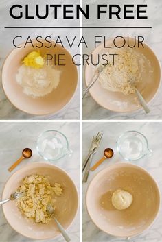 four pictures showing how to make gluten free cassavaa flour in a bowl