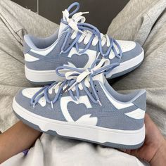 Experience the perfect fusion of style and comfort with our Light Blue Heart Patchwork Soft Girl Aesthetic Women's Sneakers. These sneakers go beyond footwear; they're a statement of your unique fashion sense. Adorned with charming heart patchwork in soothing light blue, they embrace the soft girl aesthetic with flair. Free shipping in the US and worldwide. US EU (CM) (inches)  4 34 22.0 8.6" 5 35 22.5 8.8" 6 36 23.0 9.0" 6.5 37 23.5 9.25" 7 38 24.0 9.5" 8 39 24.5 9.6" 9 40 25.0 9.8" 9.5 41 25.5 10" 10 42 26.0 10.3" 10.5 43 26.5 10.4" 11 44 27 10.6" Step out in style with the eye-catching heart patchwork design Crafted from soft and luxurious suede material for a premium feel Designed for both hip-hop streetstyle and baddie outfitters Experience the perfect blend of fashion and comfort Emb Designer Sneakers Women, Plateau Sneaker, Y2k Shoes, Dr Shoes, Kawaii Shoes, Smink Inspiration, Couple Shoes, Cute Nike Shoes, Swag Shoes