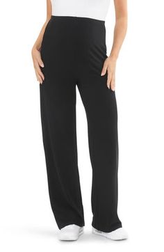 These ribbed pants cut in a straight-leg silhouette are so supersoft and stretchy that you'll want to wear them through your pregnancy and beyond. Pull-on style 78% polyester, 18% viscose, 4% elastane Machine wash, dry flat Imported Versatile Stretch Pants For Lounging, Chic Straight Leg Yoga Pants For Loungewear, Comfortable Full-length Elastane Pants, Casual Maternity Pants With Relaxed Fit, Maternity Pants With Elastic Waistband, Casual Relaxed Fit Maternity Pants, Stretch Wide Leg Lounging Pants, Stretch Wide Leg Pants For Lounging, Solid Color Straight Leg Yoga Pants For Lounging