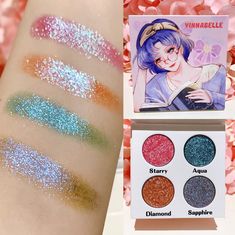 A magical girl inspired, duo chrome 4 shades eyeshadow palette. These shadows are buttery felt, super pigmented & sparkling, smooth to apply on and will last you all day!✨ Duochrome eyeshadow is made with pigments that, depending on how the light hits, can appear to be two different colors. Made of vegan ingredients, cruelty free as always. Duo Chrome Eyeshadow, Girl Duo, Chrome Eyeshadow, Duochrome Eyeshadow, Vegan Lip Gloss, Red Lip Gloss, Eyeshadow Collection, Kawaii Makeup, Beauty Glazed