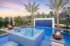 an outdoor swimming pool with fire pit and palm trees