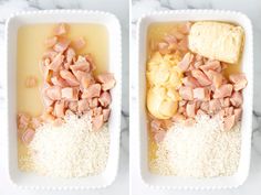 two pictures showing the process of making chicken and rice