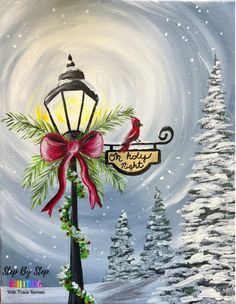 an acrylic painting of a christmas scene with a lamp post and bird on it