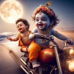 there is an image of a god riding on the back of a motorcycle with a baby