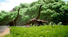 two dinosaurs are walking in the grass