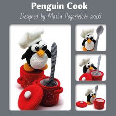 an image of a penguin cooking food in crocheted pots and pans with spoons