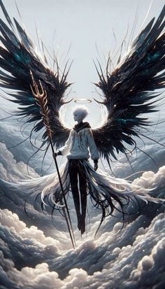 an angel standing in the clouds with his wings spread out and holding a staff above him