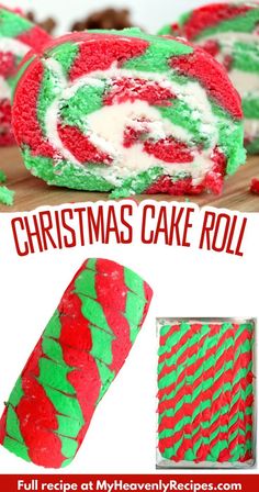 christmas cake roll with green and red icing on it, next to the recipe