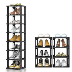 two shelves with shoes on each shelf