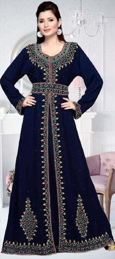 Blue color Kaftan in Georgette fabric with Embroidered, Thread work Blue Embroidered Kaftan For Wedding, Embroidered Blue Kaftan For Wedding, Blue Kaftan With Zari Work For Wedding, Elegant Blue Kaftan With Zari Work, Blue Dabka Work Kaftan For Wedding, Blue Wedding Kaftan With Zari Work, Blue Long Sleeve Embroidered Fabric For Festive Season, Blue Festive Kaftan With Dabka Work, Fitted Blue Festive Kaftan