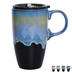 a blue and black coffee mug with three different colors