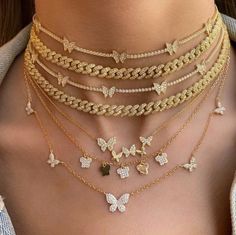 "Beautiful Dainty Butterfly Necklace Set for the Ideal Minimalist Feautured are two necklaces that can be purchased as a set or seperately: 1)  18K gold plated over sterling silver cubic zirconia tennis style choker Choker length is 14.25\"+ 2.25\" extender (16.5\" in total length) Butterflys are roughly 9mm x 9mm Please make sure 14.25\" for choker at minimum is okay with you for proper neck sizing and placement before purchasing.  While necklace can be worn at longer length with 2\"+ extender, Inexpensive Jewelry, Crystal Anklet, Dope Jewelry, Butterfly Jewelry, Foot Jewelry, Girly Jewelry, Dream Jewelry, Stylish Jewelry, Boho Bracelets