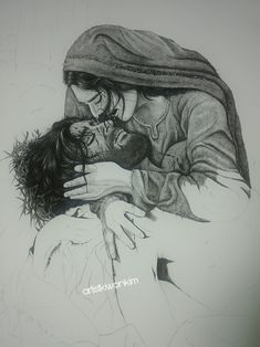 a pencil drawing of a man hugging a woman