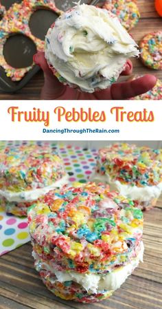 fruity pebbles treats with white frosting and sprinkles in the middle