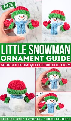 the little snowman ornament guide is shown in four different pictures and includes instructions to make it