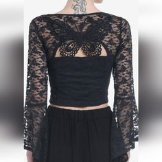 This Lined Lace Number Is Quite Beautiful. It'is Nwt. Serious Blouse Here ! I'im Impressed With The Quality, Should Last, If Washed In Bra Bag. I Have Many Sizes, No Small. Partially Lined On Lower Area. Top Of Chest Down, Not Butterfly On Back Or Arms, But Lower On Back Has That Hook Bustier Closure Down Front 90% Poly 10% Spandex. Lining Is 100% Polyester (Lining Is Black Shown, See Tag From Hot Topic Outlet. Measurements Medium Measures 16 Almost Under Pits (15.8) Unstretched 15 In Waist 24 I Gothic Crop Top For Festivals, Fitted Gothic Lace Top, Spring Club Crop Top Fitted, Spring Club Fitted Crop Top, Gothic Lace Tops For Fall, Fitted Crop Top For Club And Spring, Gothic Long Sleeve Tops For Spring, Gothic Lace Top For Fall, Spring Gothic Stretch Crop Top