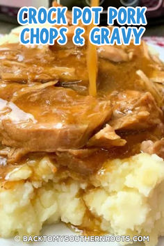 Pork chops and gravy on top of mashed potatoes. Easy Pork Chop Dinner, Pork Chops Recipes, Slow Cooker Pork Chops Recipes, Pork Chops And Gravy, Slow Cooker Beef Stroganoff, Easy Pork Chops, Easy Pork Chop Recipes