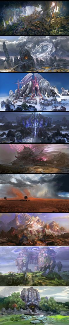 a series of six paintings depicting different types of clouds and mountains in various stages of formation