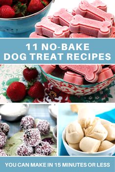 there are pictures of different dog treats in this collage with the words, 11 no bake dog treat recipes you can make in 15 minutes or less