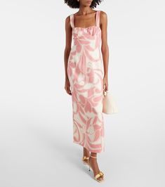 Belletto printed linen midi dress in pink - SIR | Mytheresa Feminine Linen Midi Dress For Vacation, Floral Print Linen Midi Dress, Elegant Floral Linen Dress, Chic Linen Floral Print Dress, Fitted Floral Print Linen Midi Dress, Fitted Linen Midi Dress With Floral Print, Fitted Linen Dress With Floral Print, Brunch Floral Print Linen Midi Dress, Elegant Linen Dress With Floral Print