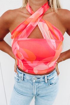 Pink And Orange Outfit Ideas, Pink And Orange Outfit, Bright Outfit Ideas, Cruise Fits, Criss Cross Halter Top, 2024 Clothes, Disney Trip Outfits, Bright Outfit, Colorful Tops