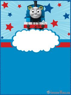 a thomas the train birthday card with stars and clouds in the sky, on top of a blue background