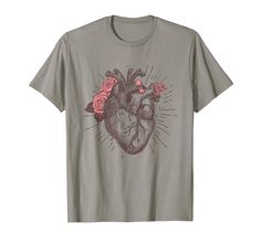 a grey t - shirt with an image of a heart and roses on the chest