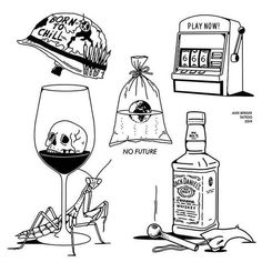 an image of wine and alcohol related items in black and white ink, with the words no future written on it