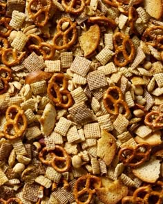 a mixture of cereal and pretzels is shown