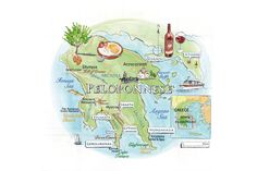 a watercolor map of the island of peloponnese, with wine bottles and food