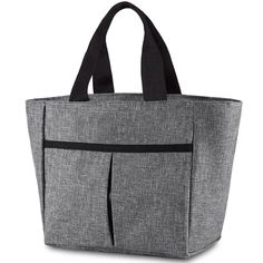 a gray tote bag with black handles