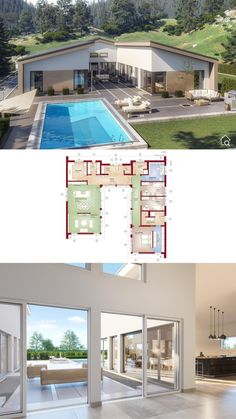 two views of the same house from above and below, one shows an outdoor swimming pool