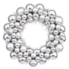 a silver christmas ornament wreath on a white background