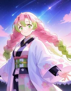 a woman with pink hair and green eyes standing in front of a sky filled with stars