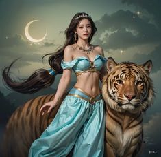 a woman in a blue dress standing next to a tiger on a cloudy day with the moon behind her