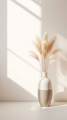 a white vase with some dry grass in it